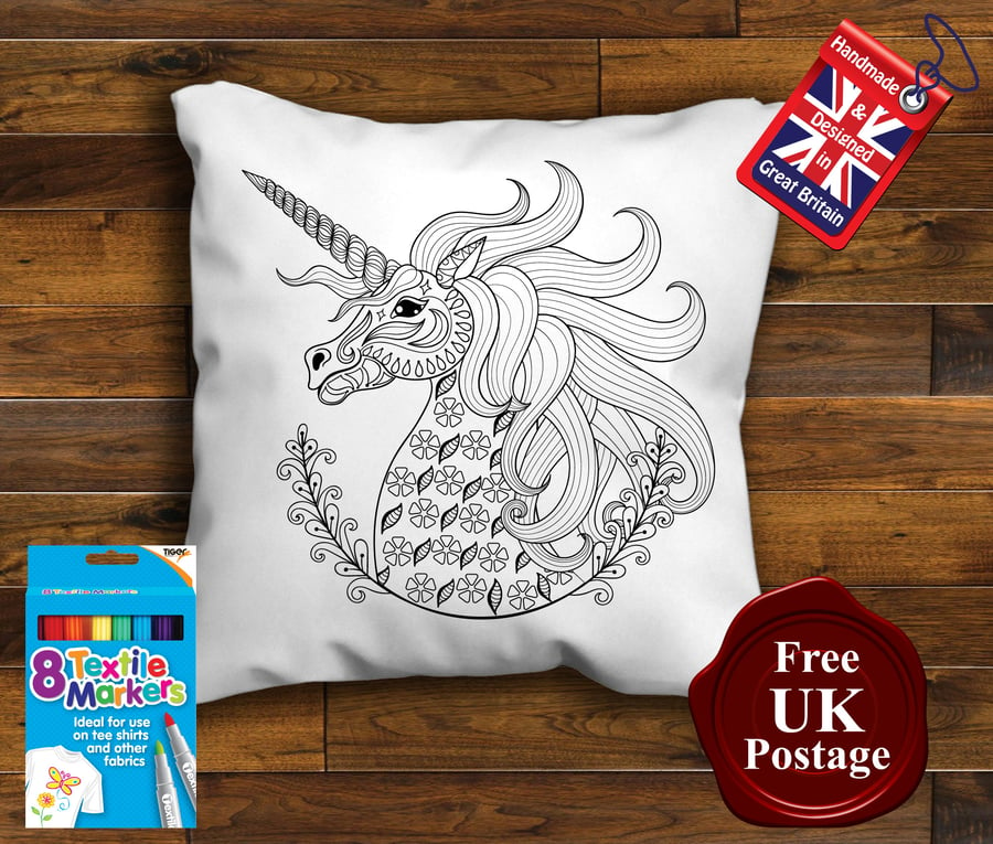 Unicorn Colouring Cushion Cover With or Without Fabric Pens Choose Your Size
