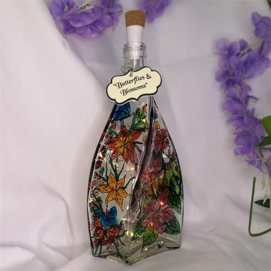Butterflies & Blossoms - Handpainted Bottle Light