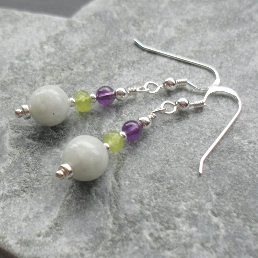 Burmese Jadeite Amethyst and Peridot Sterling Silver Drop Earrings