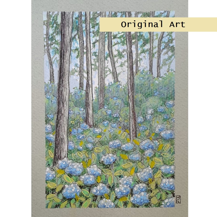 Little woodland with blue hydrangea, small original landscape drawing, wall art
