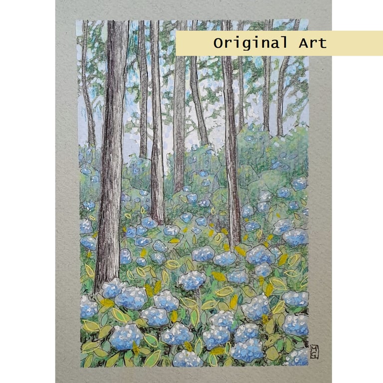 Little woodland with blue hydrangea, small original landscape drawing, wall art