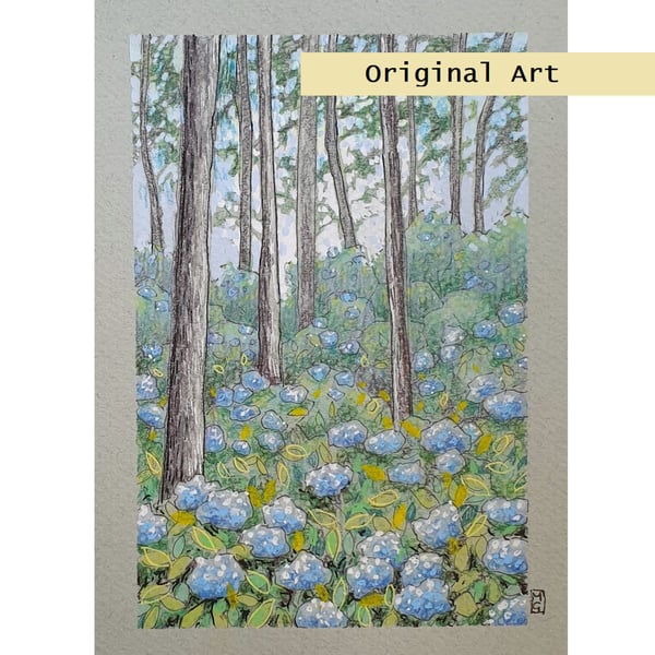 Little woodland with blue hydrangea, small original landscape drawing, wall art
