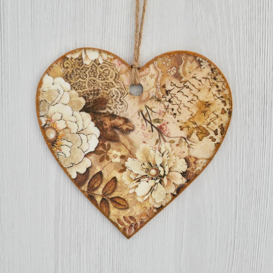 Decoupaged Wooden Hanging Heart: Beige Flowers design 6” (15cm)