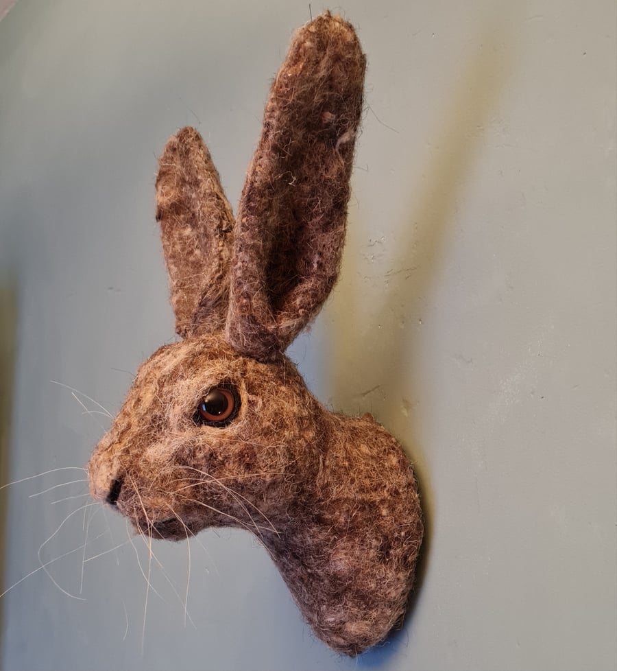 Larger than life 17 inches tall wool felted hare head