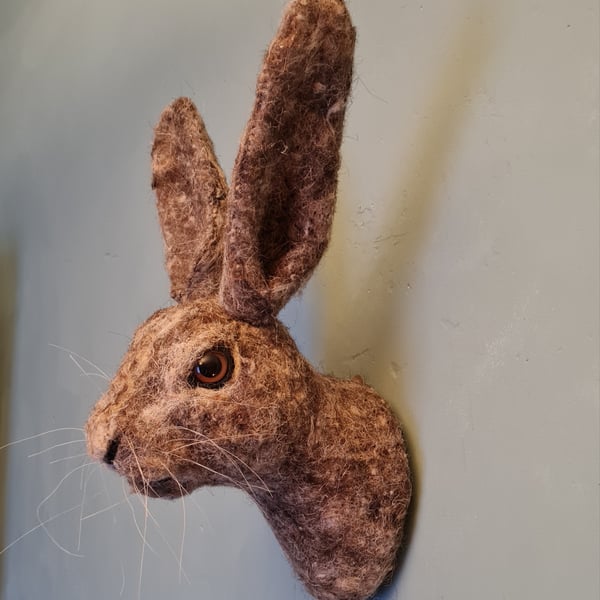 Larger than life 17 inches tall wool felted hare head