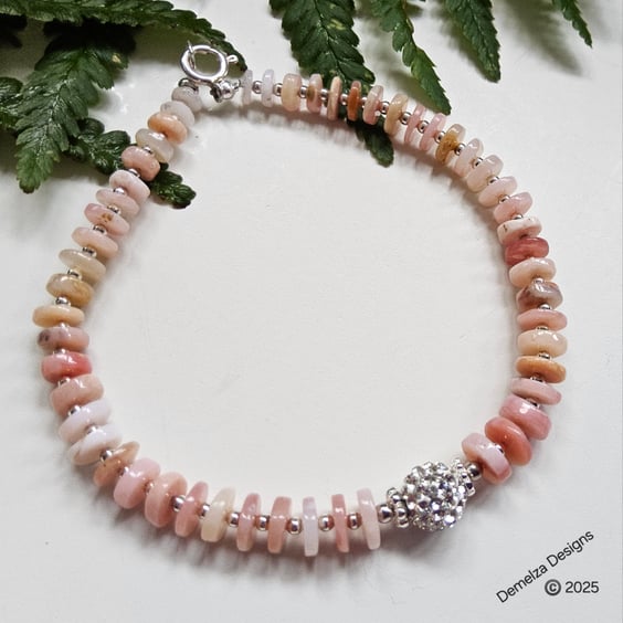 Peruvian Pink Opal & Swarovsky Crystal Bead Sterling Silver Bracelet