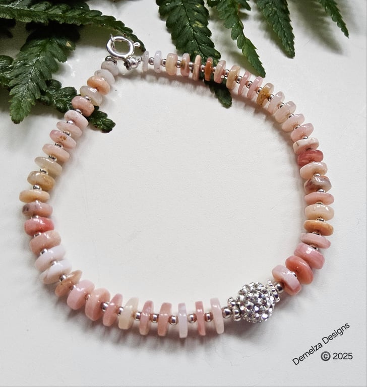 'A'A Grade Peruvian Pink Opal & Swarovsky Crystal Bead Sterling Silver Bracelet