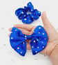 Royal blue holographic satin clip on bow and scrunchie set.   - Image 2
