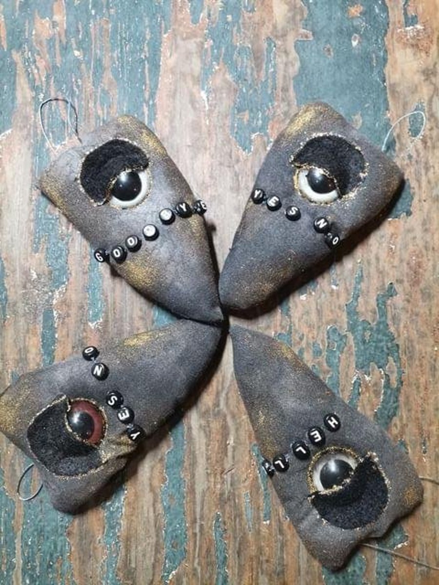 Creepy decorations, Ouija, planchette textile art decoration, tree decor, Hallow