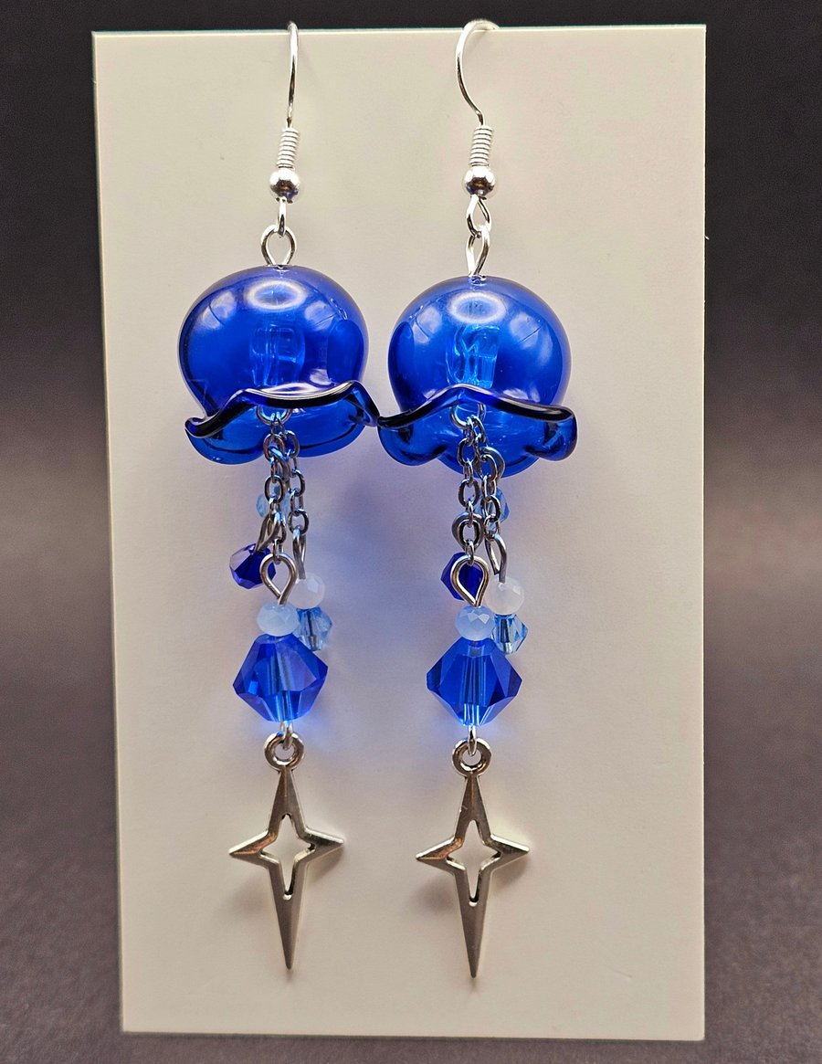 jellyfish earrings, handmade cute dangle drop earrings, glass jellyfish, flower 