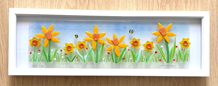 Fused glass daffodils - framed art