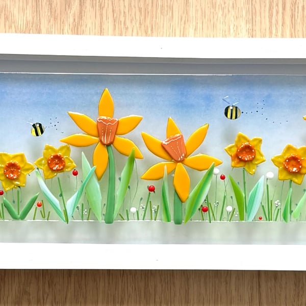 Fused glass daffodils - framed art