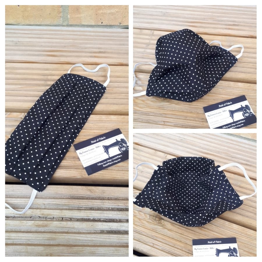 Face masks, 3 layer, machine washable in black polkadot.  Free uk delivery.  