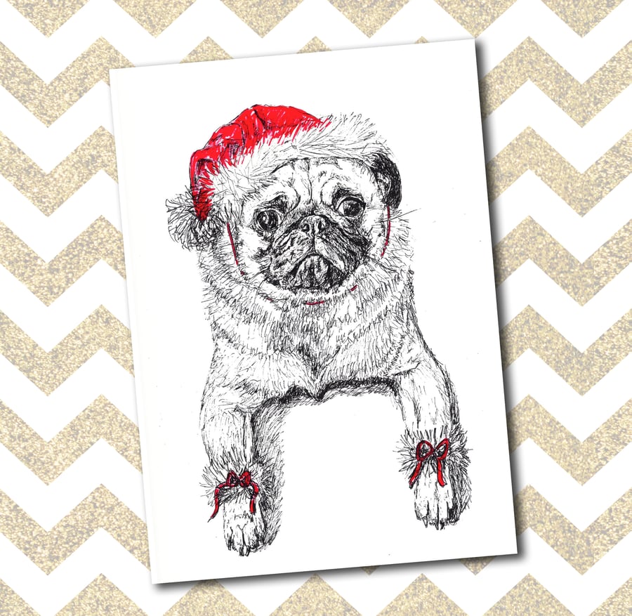 Beautiful Christmas Card Pug santa! Print of Original Drawing A6