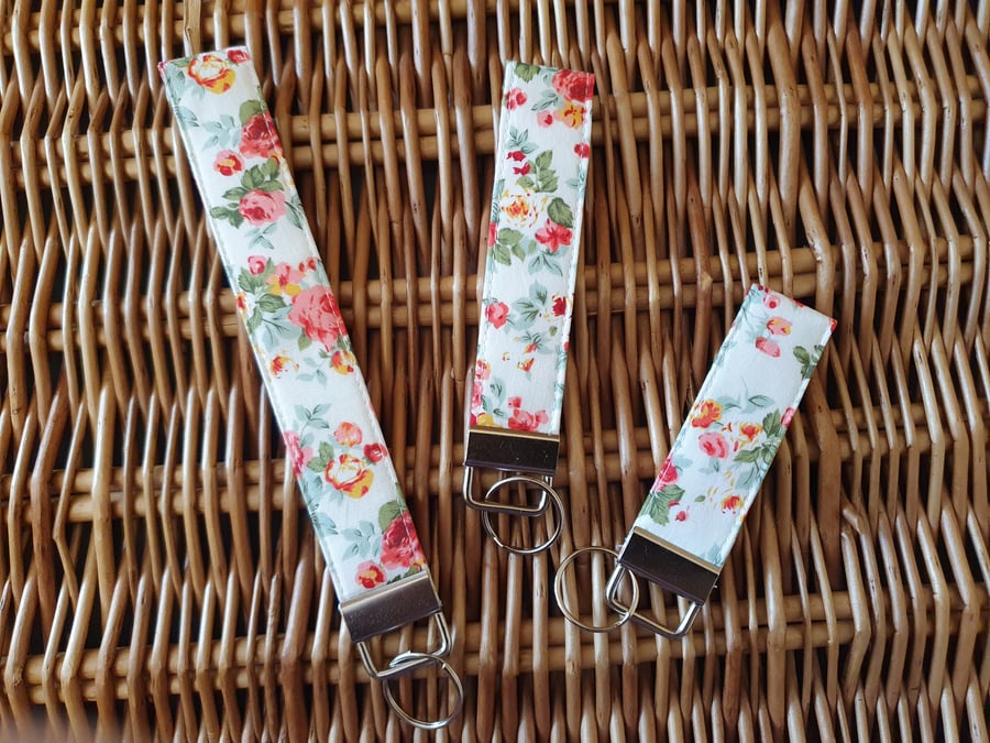 Pink and White Rose Floral Fabric Keyring Fob Wristlet