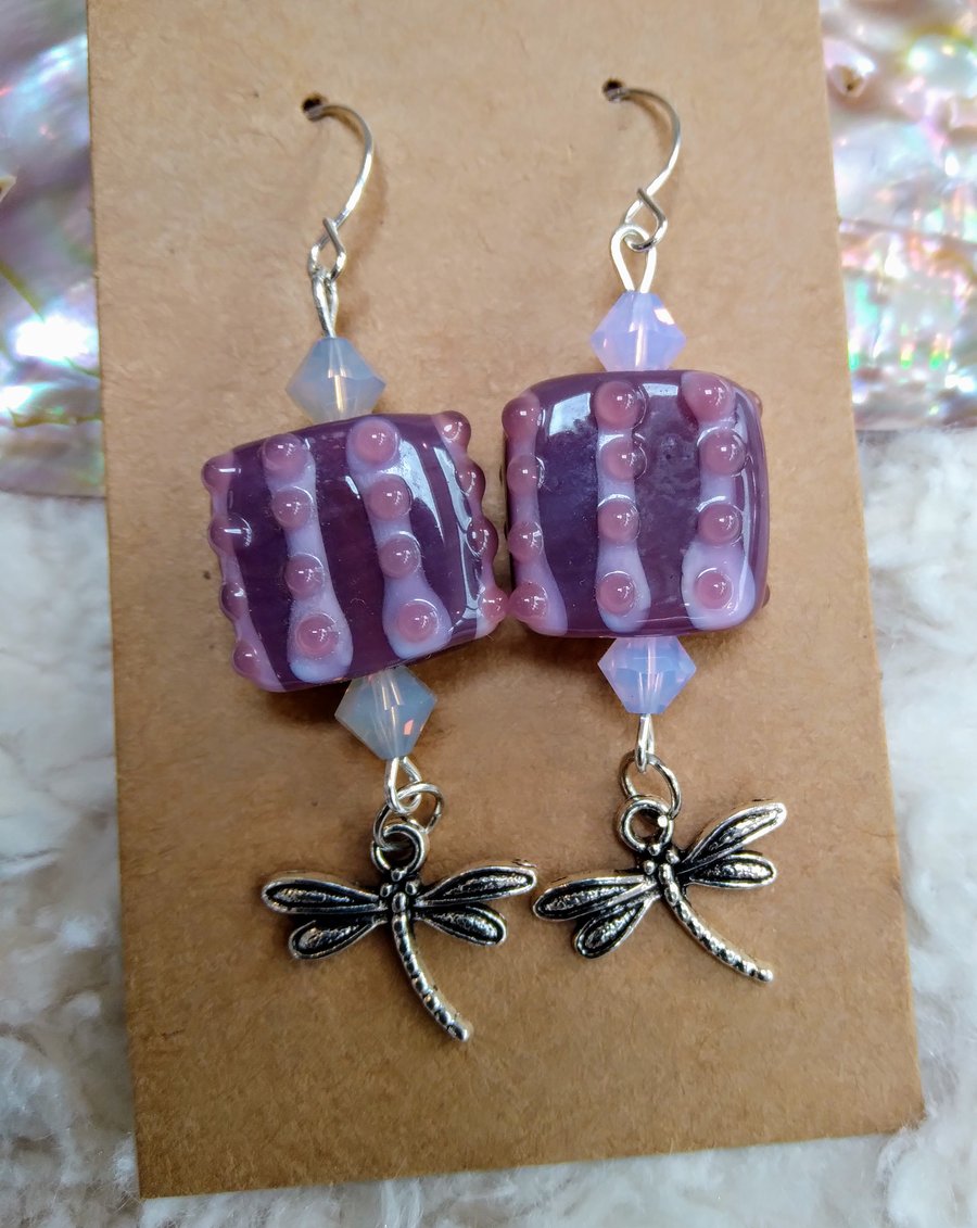 Muted mauve hand-made LAMPWORK and Swarovski beaded silver DRAGONFLY earrings