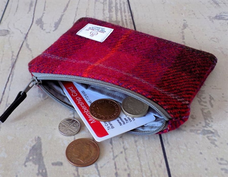 Harris Tweed large coin purse.  Tartan weave in deep cerise red and brown
