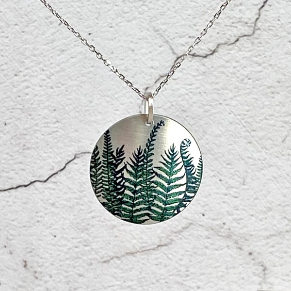 Fern necklace, 25mm pendant with green ferns, handmade jewellery. (62)