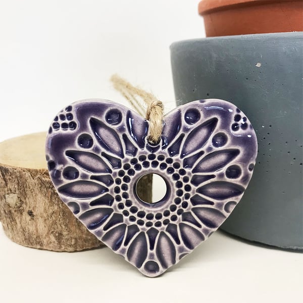 Small Ceramic heart hanging decoration Pottery Heart Folk art Purple