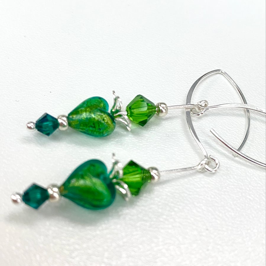 Silver Green Heart long drop Statement Earrings Murano Glass & Crystal 