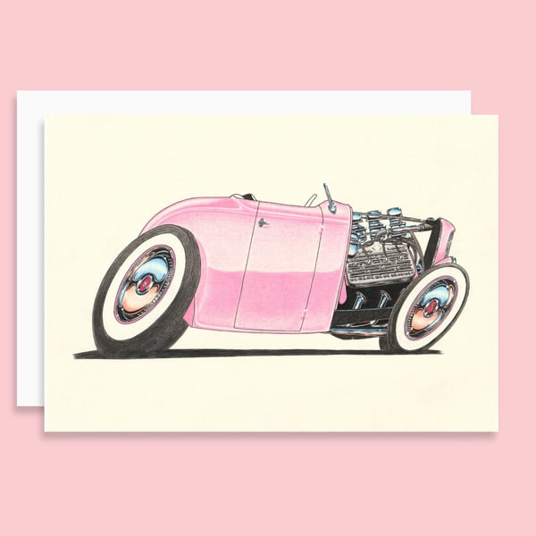 Pink Street Rod Car Greeting Card and Envelope with a Custom Car Illustration