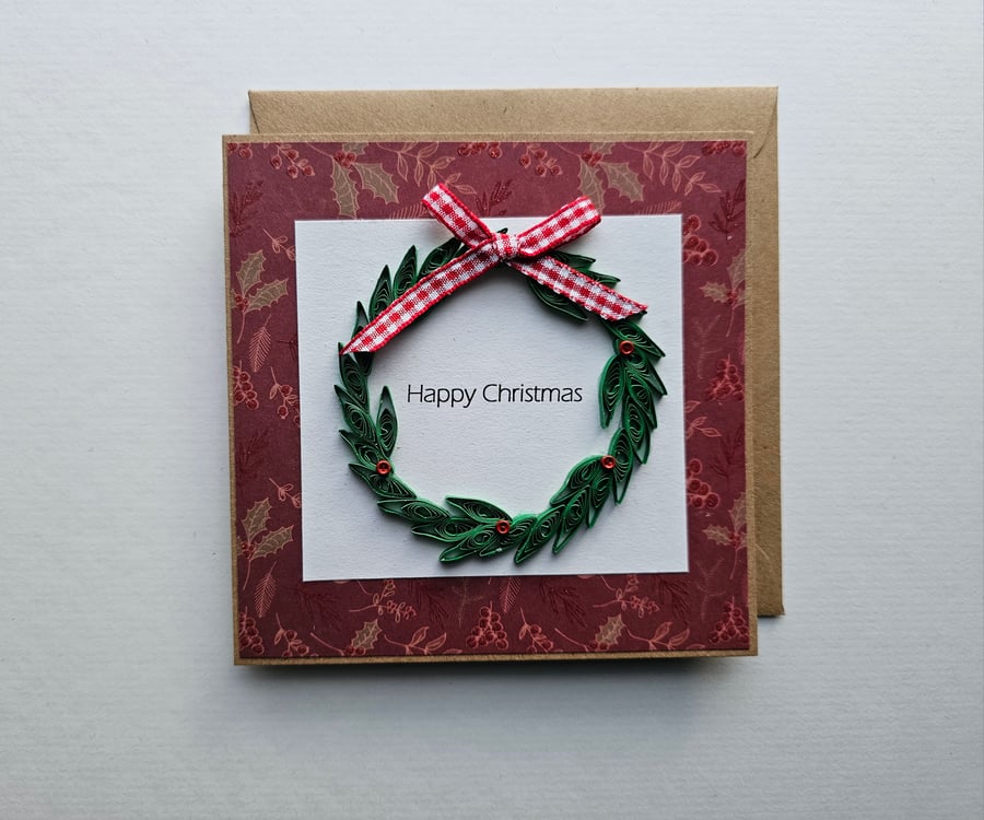 Unique Quilled Wreath Christmas Card Size 5" x 5" (12.5cm x 12.5cm)