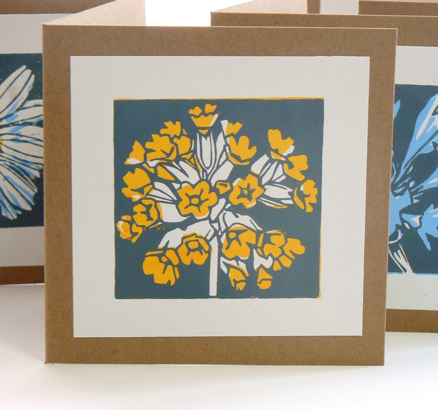 Cowslip hand printed linocut card