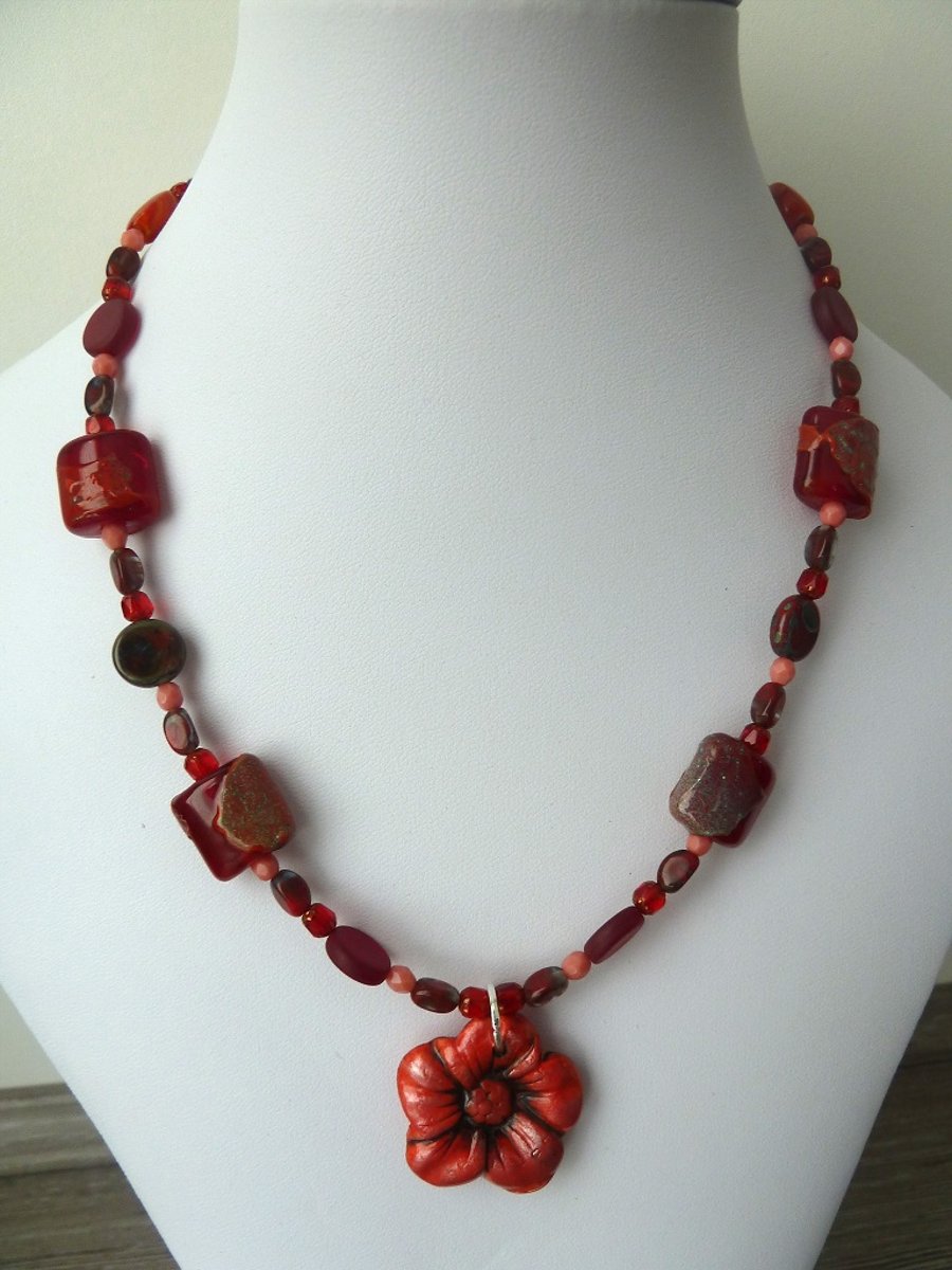 SALE red poppy necklace