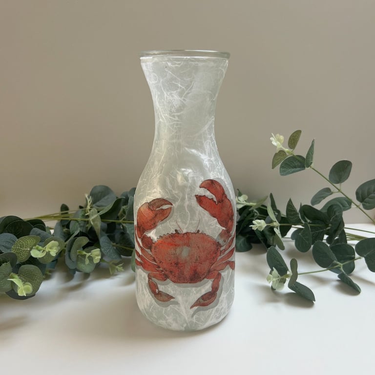 Decoupage Glass Carafe Vase: Crab, Coastal home decor, Upcycled