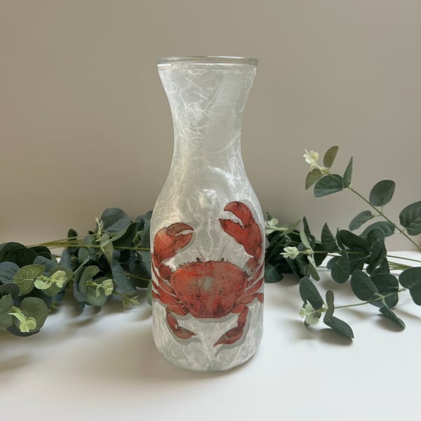 Decoupage Glass Carafe Vase: Crab, Coastal home decor, Upcycled