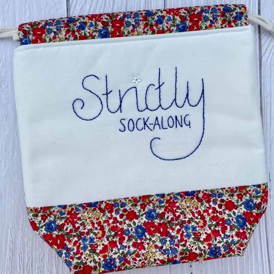 'Strictly Sock-Along' Project Bag with Hand Embroidery - Red and Blue