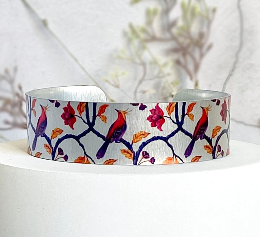 Bird cuff bracelet, personalised jewellery with exotic birds. (555)             