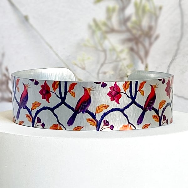 Bird cuff bracelet, personalised jewellery with exotic birds. (555)             