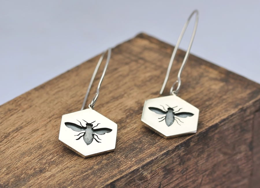 Silver Bee Earrings - Bee Drop Earrings - Silver Hook Earrings