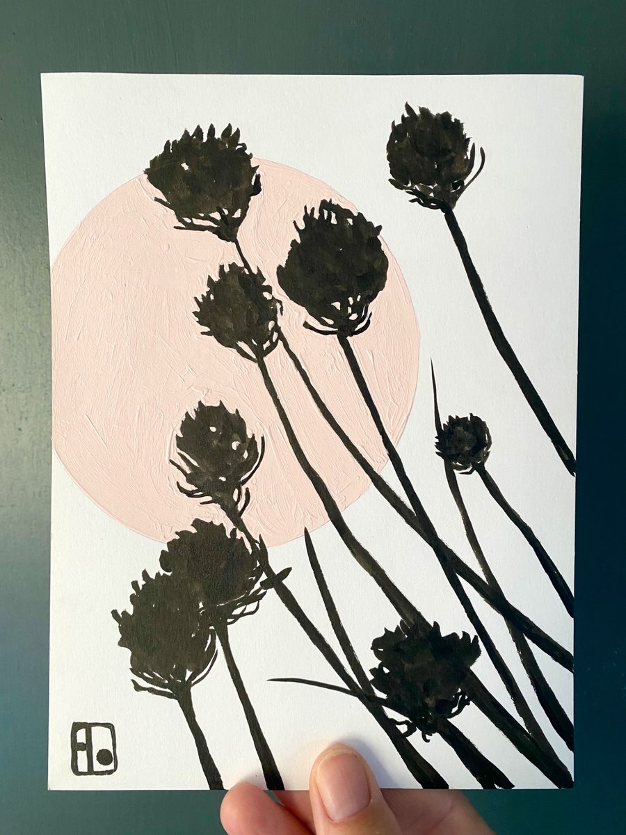 Botanical art, Garden Chives, shadow painting, original artwork, signed
