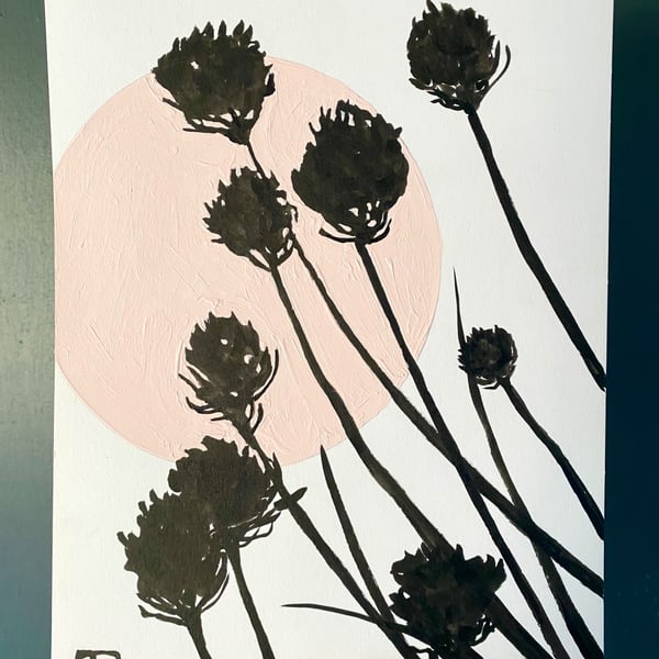 Botanical art, Garden Chives, shadow painting, original artwork, signed
