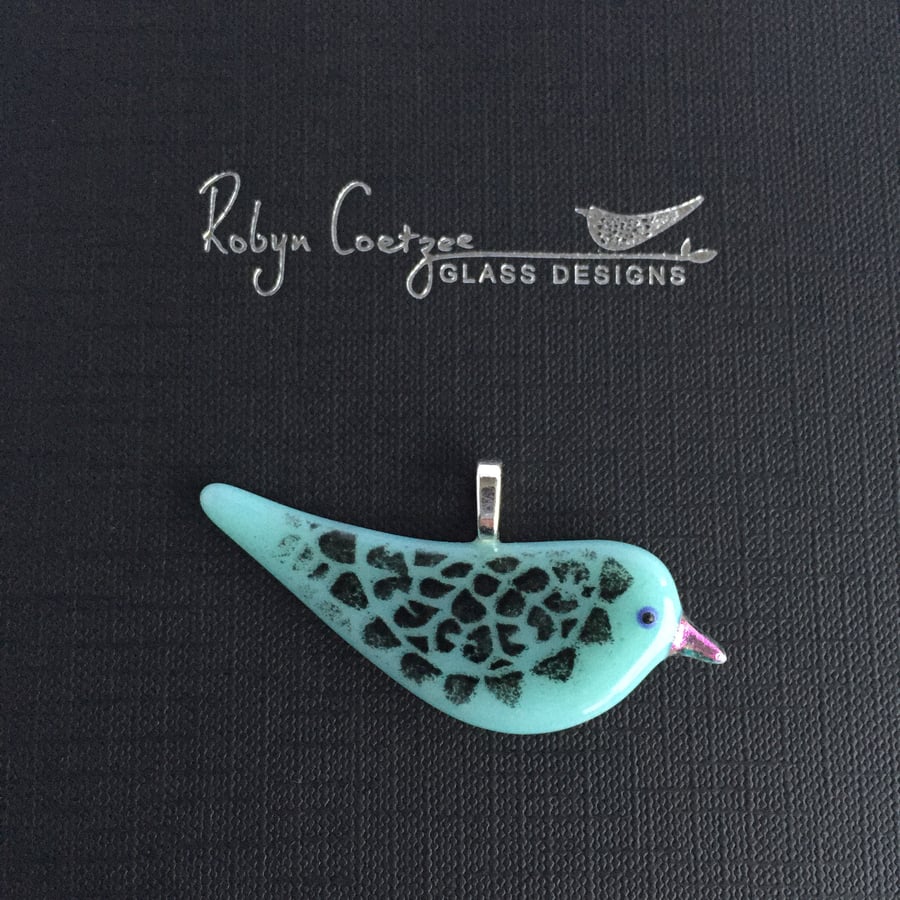 turquoise and black bird glass pendant with pink beak