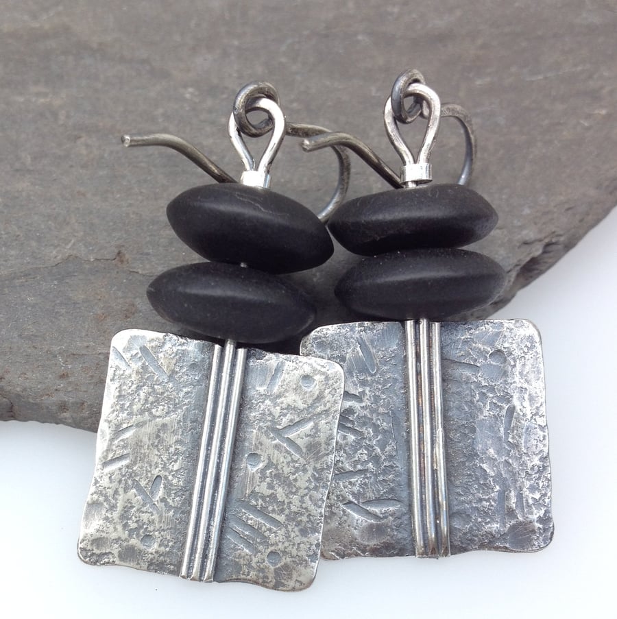 Oxidised silver and onyx earrings 