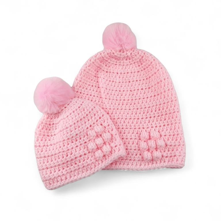 Pink Crochet Mum and Baby Beanie Set with Pompoms, Matching Winter Hats 