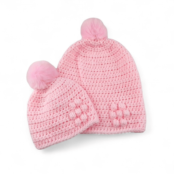 Pink Crochet Mum and Baby Beanie Set with Pompoms, Matching Winter Hats 