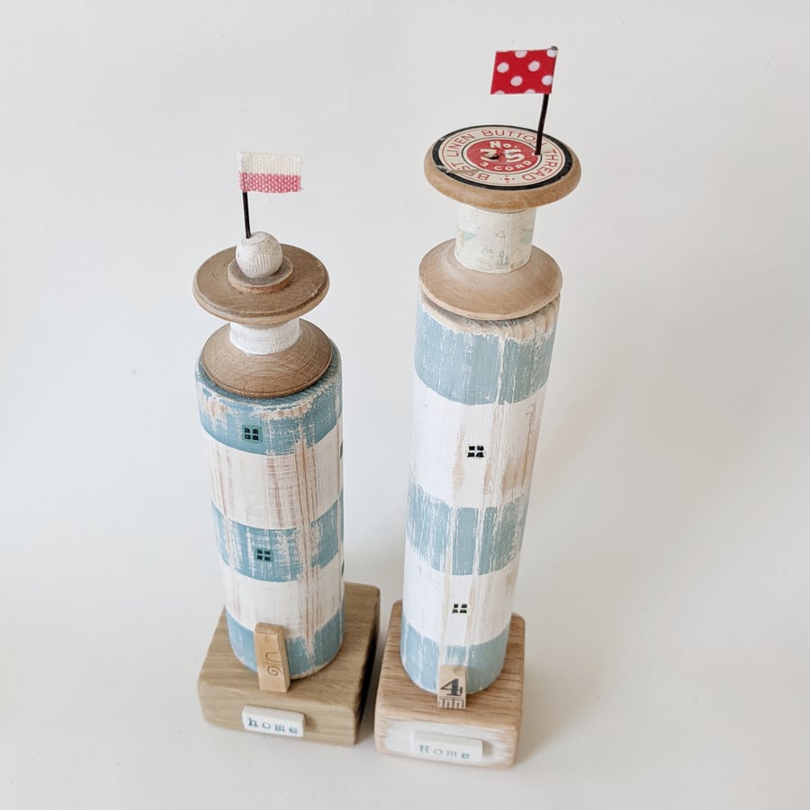 SALE - Wooden Lighthouse with Vintage Bobbin and Flag 'Home'