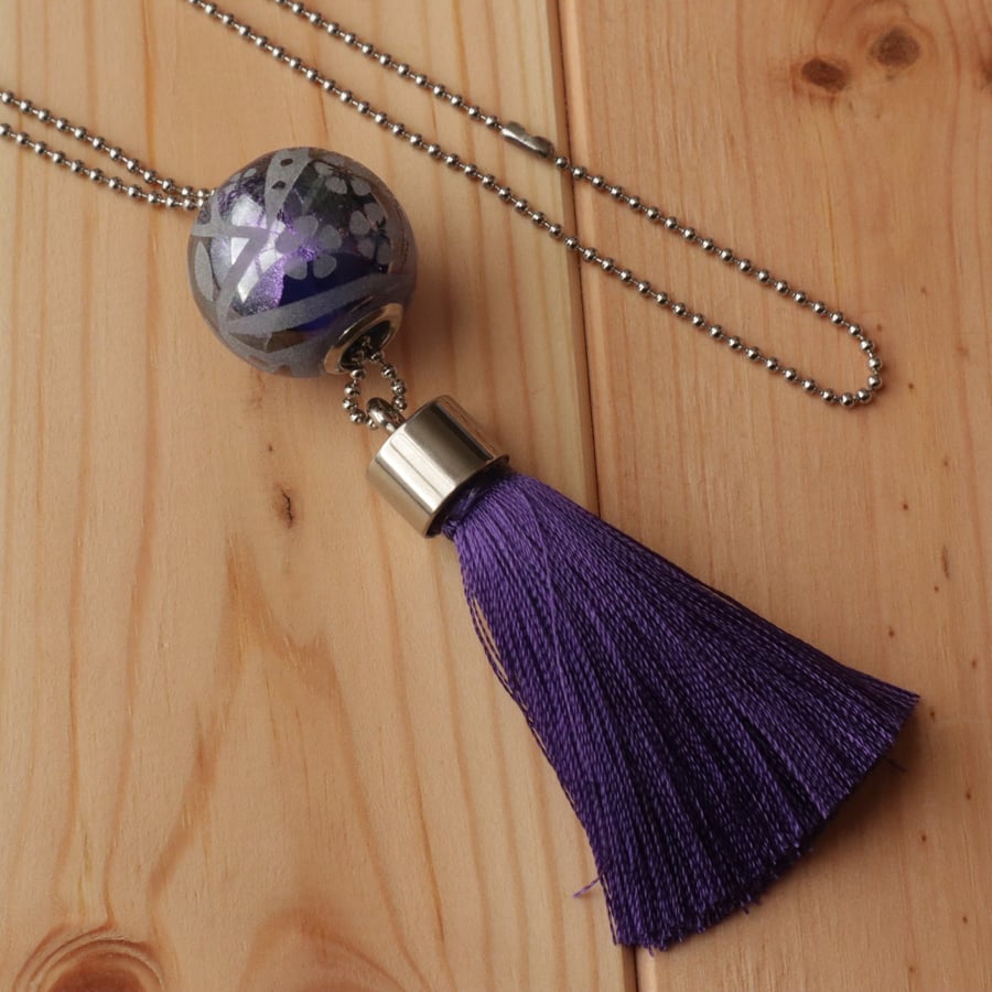 Richly Purple Tassel Long Necklace Dichroic Glass Bead on Stainless Steel Chain