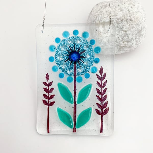 Fused Glass Single Turquoise Allium Hanging - Handmade Glass Suncatcher