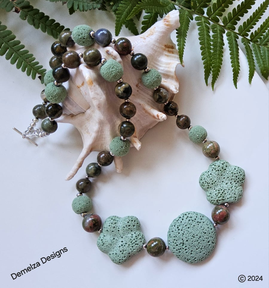 Lava Rock -Lava Stone & Unakite Necklace. ONE OFF