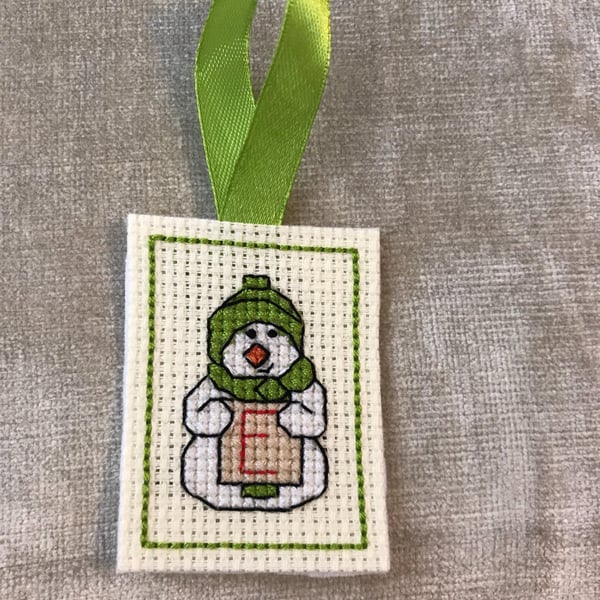 Cross stitched initial snowman . Initial E Christmas tree decoration . Letter E 