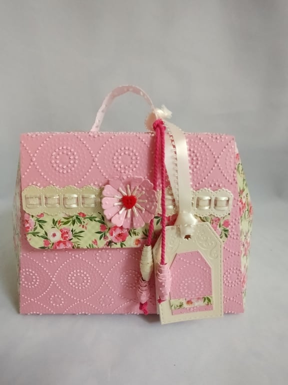 Ribbon Purse Pretty Pink Dotty Circles and Cottage Florals Gift Box