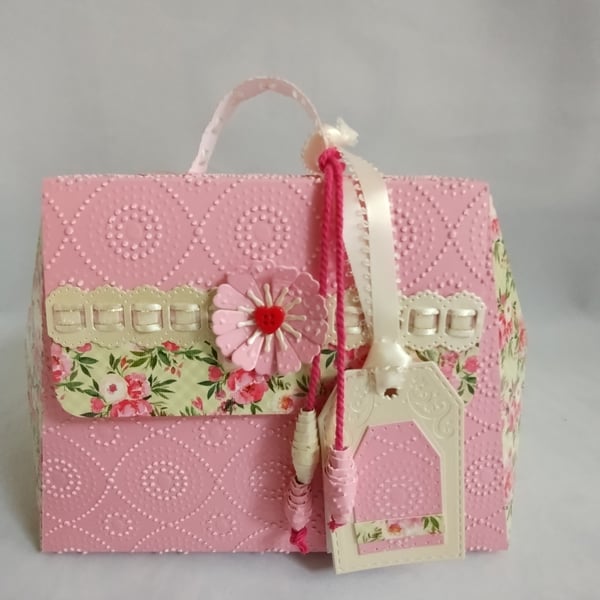 Ribbon Purse Pretty Pink Dotty Circles and Cottage Florals Gift Box
