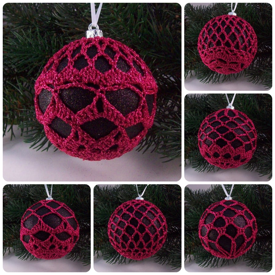 Christmas baubles boxed set of 6 large decorated with crochet lace (A46)