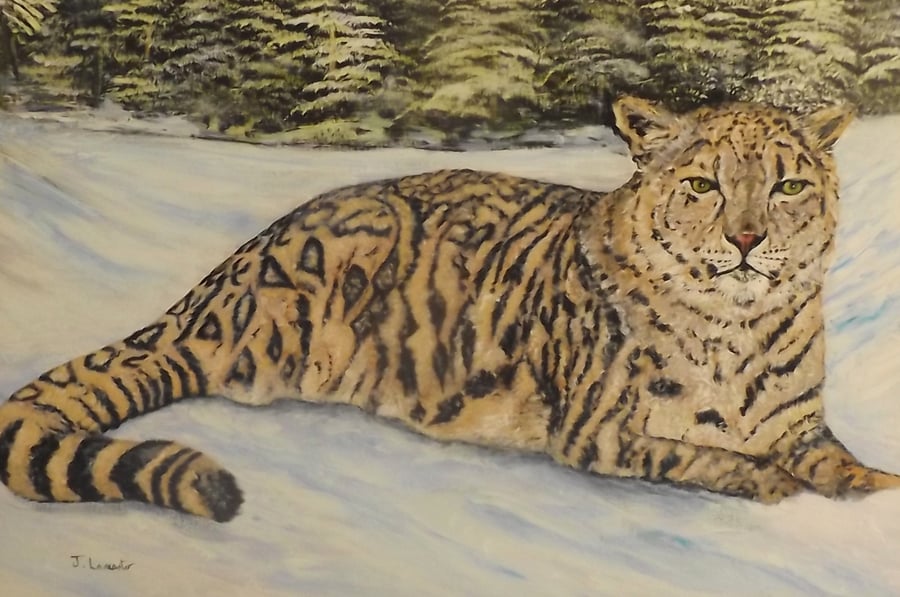 A large painting of a Snow Leopard titled COLD FEET