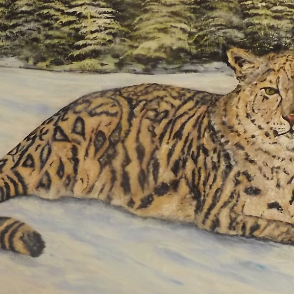 A large painting of a Snow Leopard titled COLD FEET